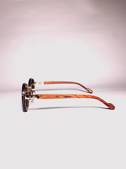 Vintage Round Wood Temple Sunglasses – Black & Gold
